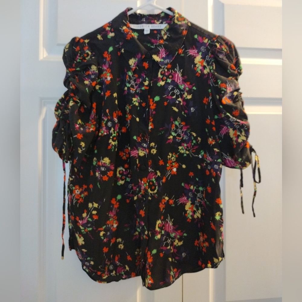 Veronica Beard Carmine sz 6 Silk Black Floral Puff Sleeve Blouse - Picture 9 of 11